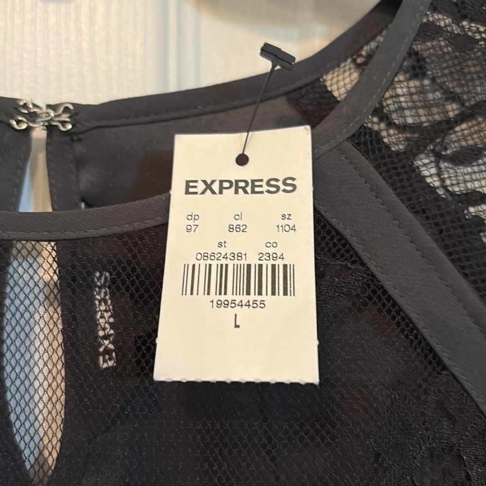 NWT Express dk olive green/Black lace Cut Out Blouse sz L.Gorgeous see-thru lace - Picture 2 of 6